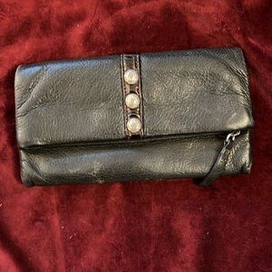 Brighton, black wallet with brown Pat and leather trim with embellishments